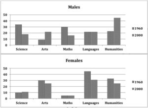 The charts below show the percentages of male and female students getting top grades in 1960 and 2000 - image