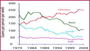 The graph below shows the consumption of fish and different kinds of meat in a European country between 1979 and 2004