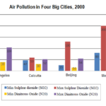 The chart below shows the average daily minimum and maximum level of two air pollutants in four big cities in 2000
