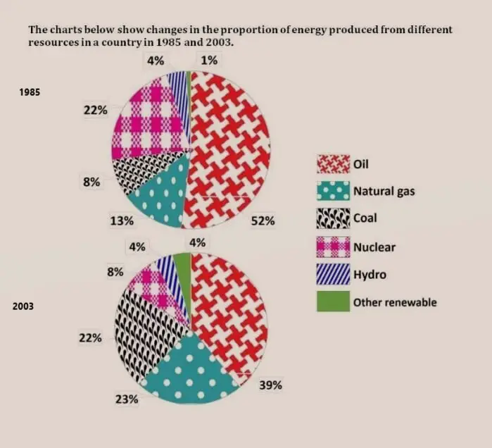 The chart below show changes in the proportion of energy produced from different resources in a country in 1985 and 2003
